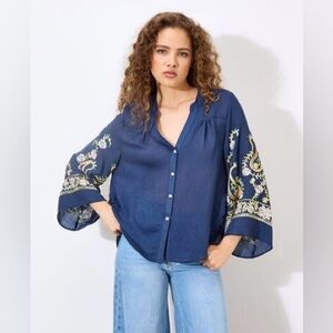 APRICOT Dark Blue Embroidered Wide Sleeve Blouse Size US 8 UK 12